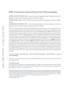 PDF Document Cover - APIRO: Automated Security Tools API Recommendation Framework for SOAR Platforms